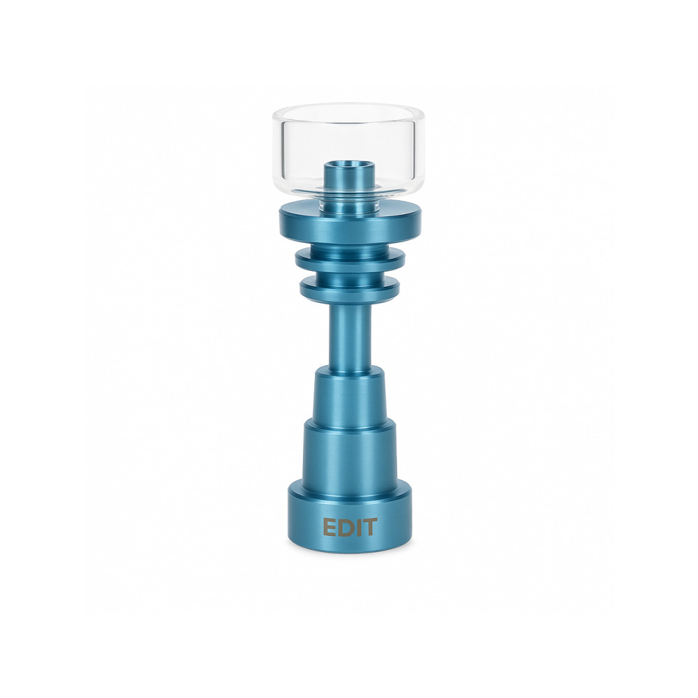 Hybrid titanium nail assembled with 25mm quartz dish showing enail coil compatibility
