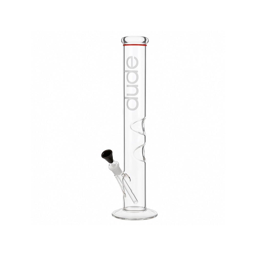 Close-up of the ice twist notch and lean-back angle on the Dude Bongs large glass bong