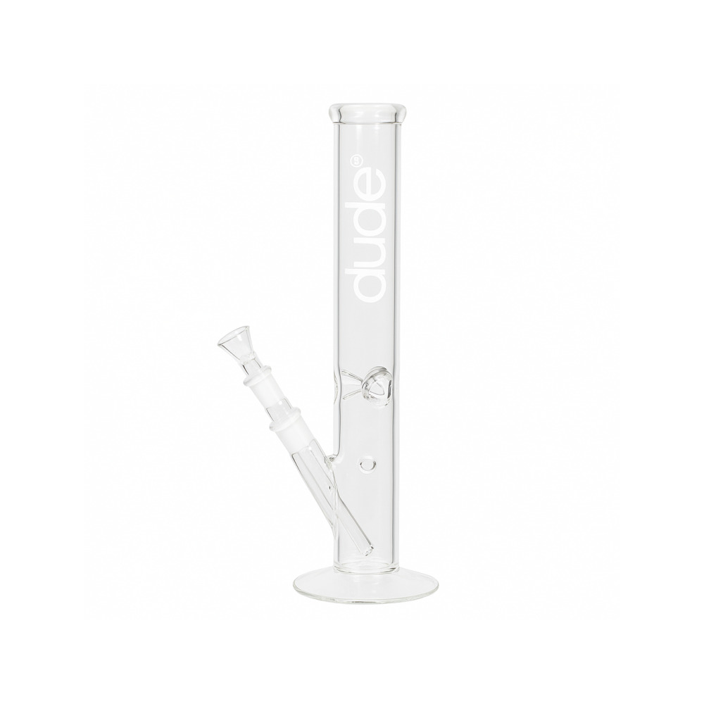Sandblasted Dude logo detail on the 41cm sci-glass lean back water bong