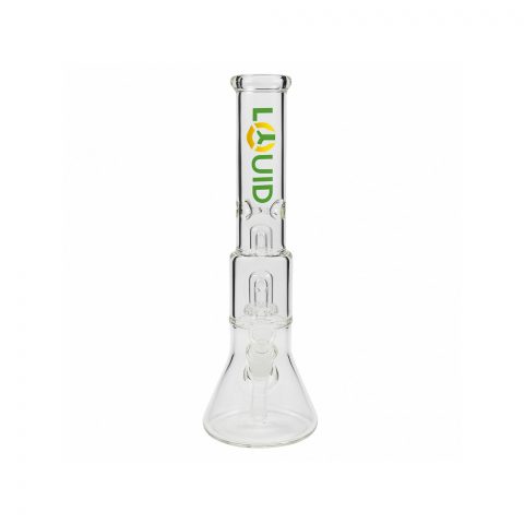 Liquid Sci Glass 13in Double Showerhead Beaker Bong full view on white background