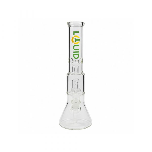 Liquid Sci Glass 13in Double Showerhead Beaker Bong full view on white background