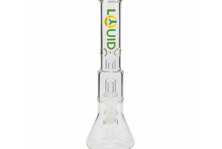 Liquid Sci Glass 13in Double Showerhead Beaker Bong full view on white background