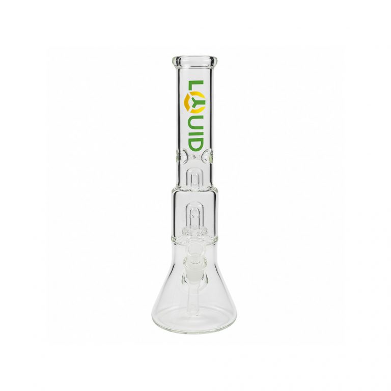 Liquid Sci Glass 13in Double Showerhead Beaker Bong full view on white background