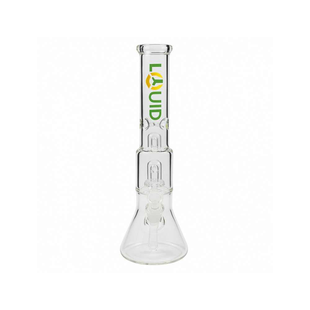 Liquid Sci Glass 13in Double Showerhead Beaker Bong full view on white background