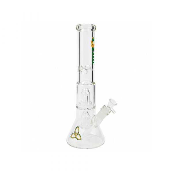 Close-up of double showerhead percolator inside Liquid Sci Glass beaker bong