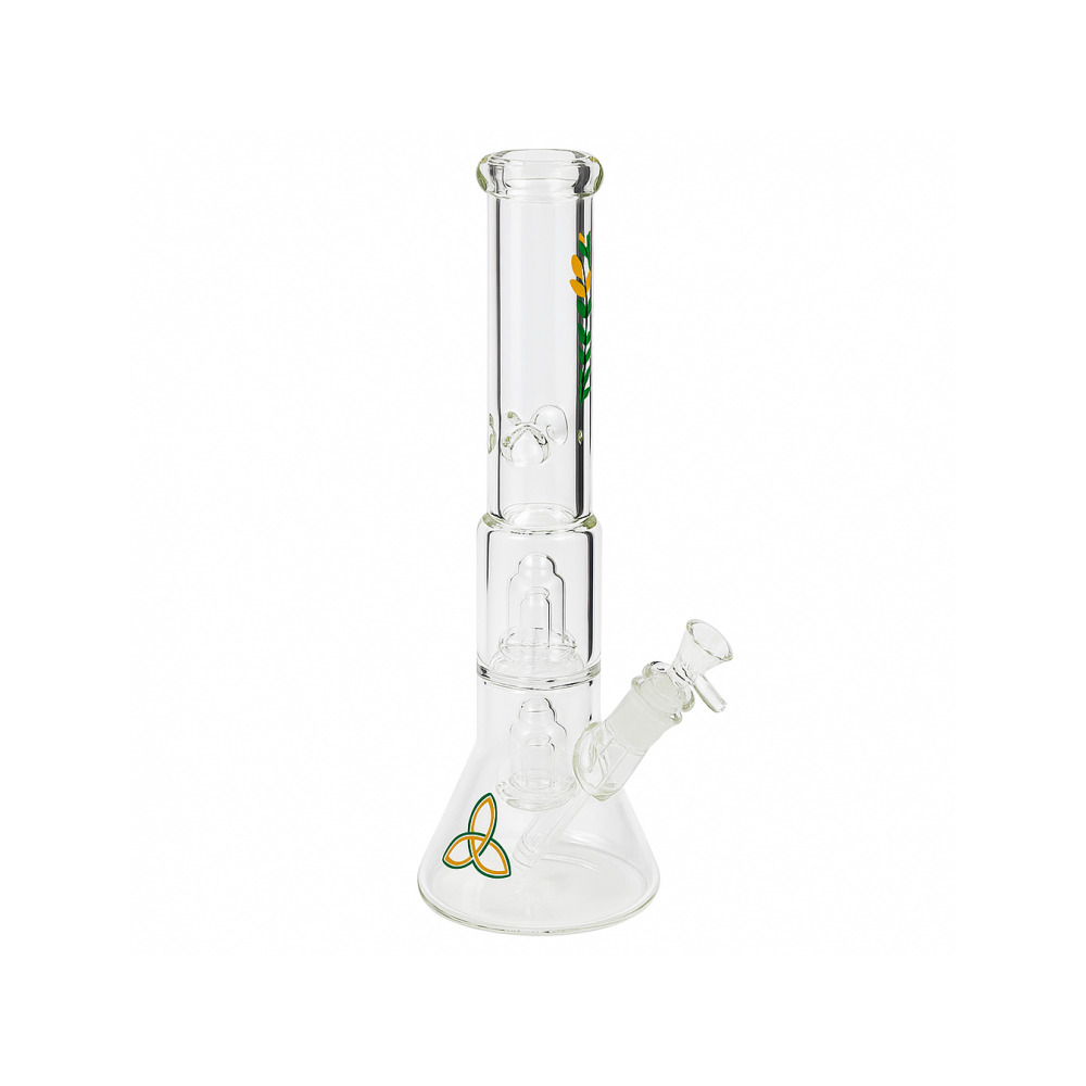 Close-up of double showerhead percolator inside Liquid Sci Glass beaker bong