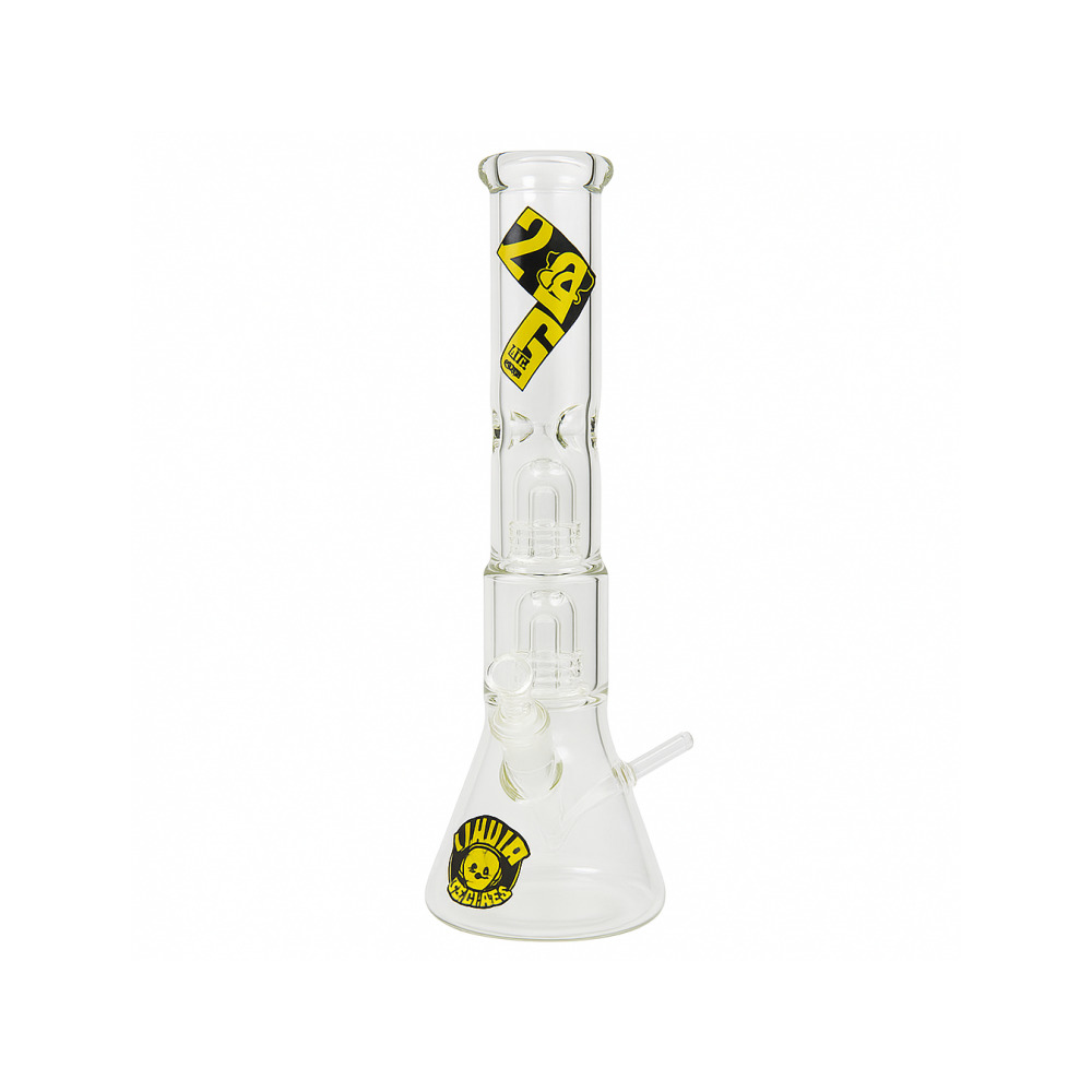 Close-up of double showerhead percolator inside Liquid Sci Glass beaker bong