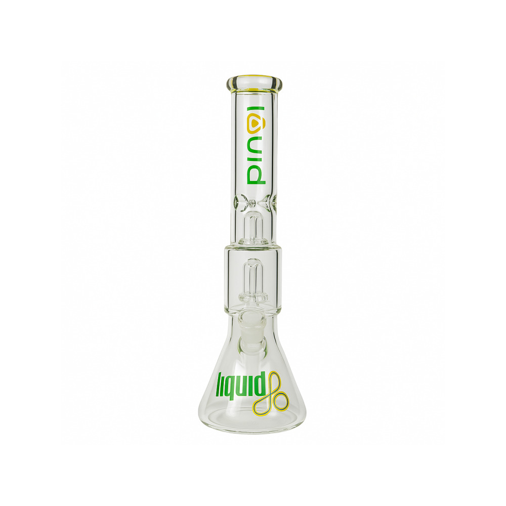 Ice notches and splash guard detail on Liquid Sci Glass double showerhead bong