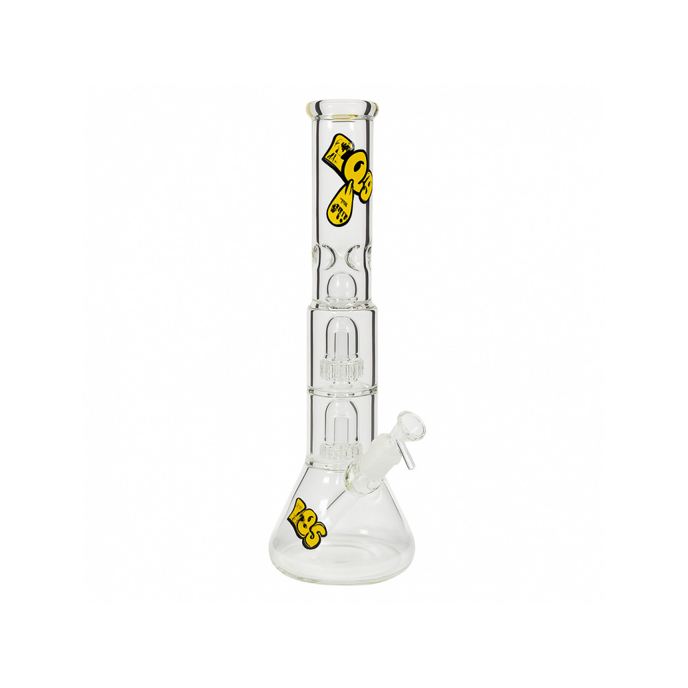 Black and Yellow Liquid Science Glass logo detail on 13in beaker bong