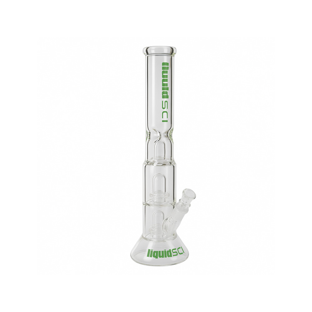 Liquid Sci Glass logo detailing on 13in double showerhead beaker bong