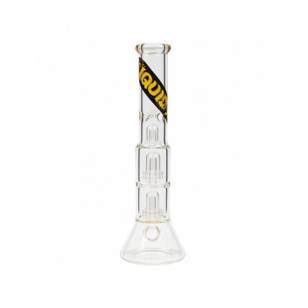 Liquid Sci Glass 13in Double Showerhead Beaker Bong Black and Yellow Logo full view