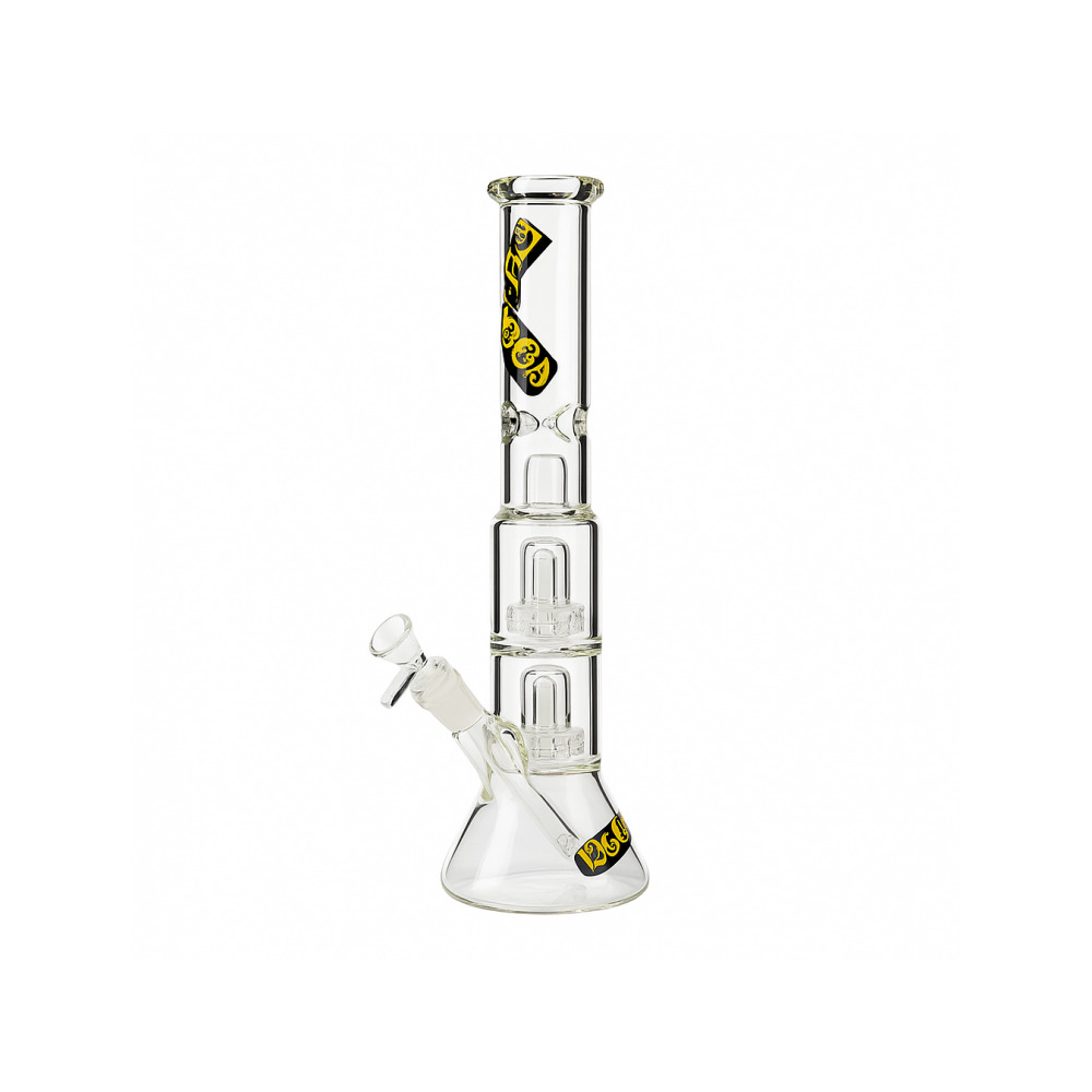 Side profile of Liquid Sci Glass 13in Double Showerhead Beaker Bong showing full height
