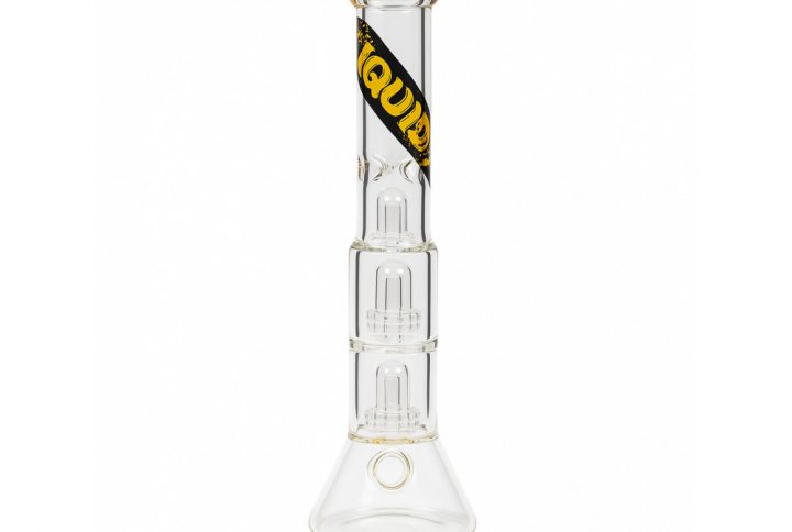 Liquid Sci Glass 13in Double Showerhead Beaker Bong Black and Yellow Logo full view