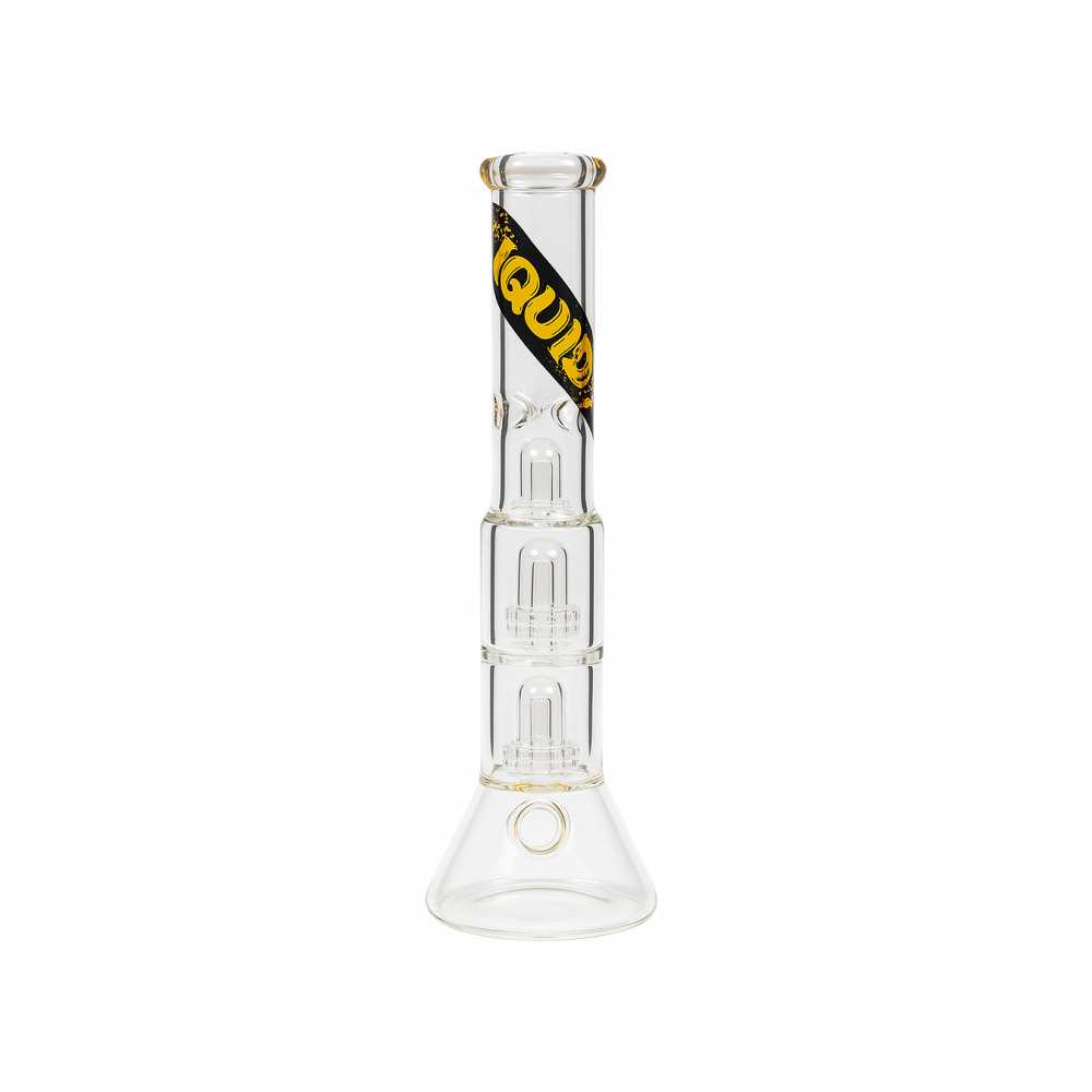 Liquid Sci Glass 13in Double Showerhead Beaker Bong Black and Yellow Logo full view