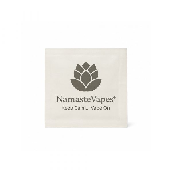 Namaste isopropyl cleaning wipe sachet open showing single alcohol wipe for cleaning glass and metal smoking accessories