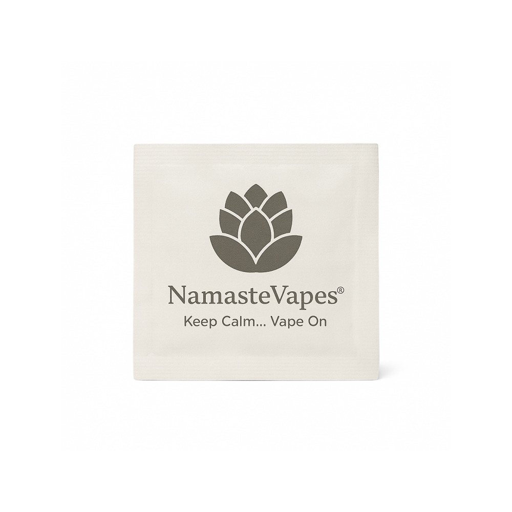Namaste isopropyl cleaning wipe sachet open showing single alcohol wipe for cleaning glass and metal smoking accessories