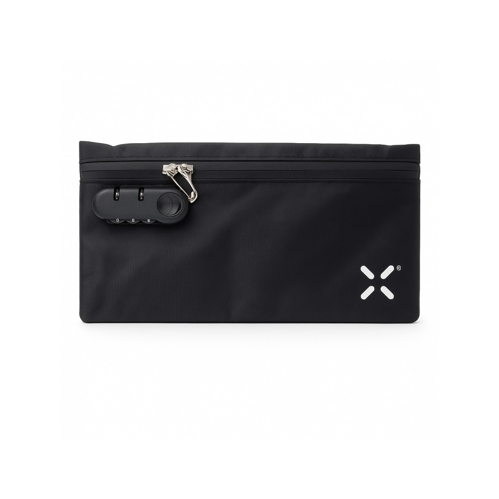 PAX stash bag open displaying activated carbon lining and secure zipper detail