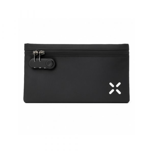 PAX smell proof stash bag in black with combination lock closed