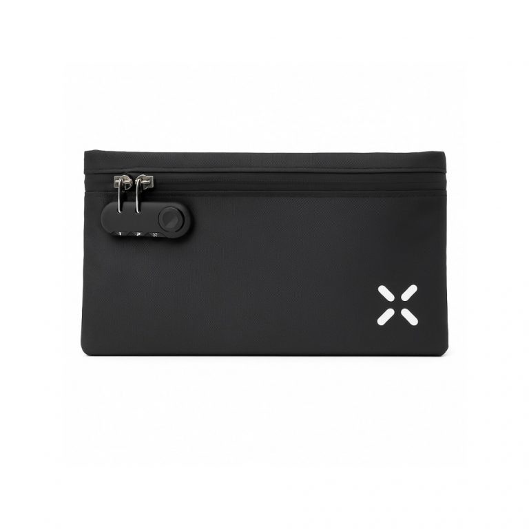 PAX smell proof stash bag in black with combination lock closed