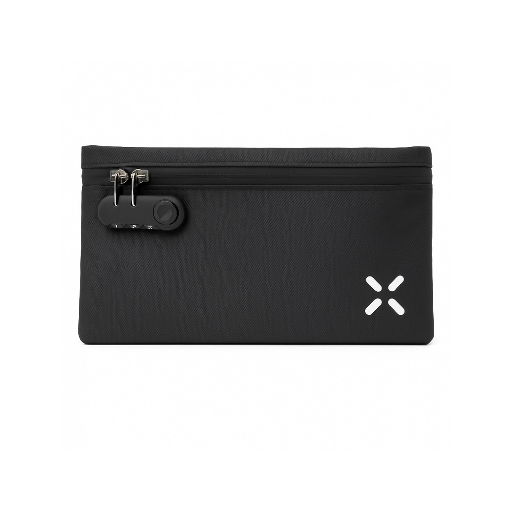 PAX smell proof stash bag in black with combination lock closed