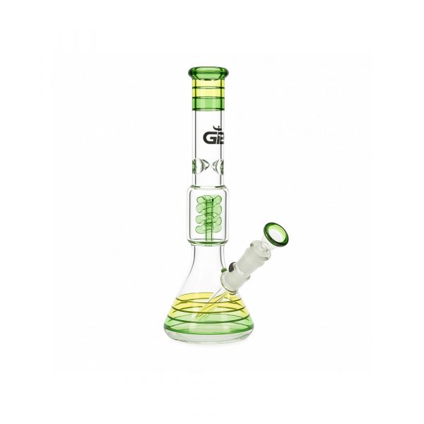 Close-up of the coiled spiral percolator chamber on the Grace Glass Rasta beaker bong