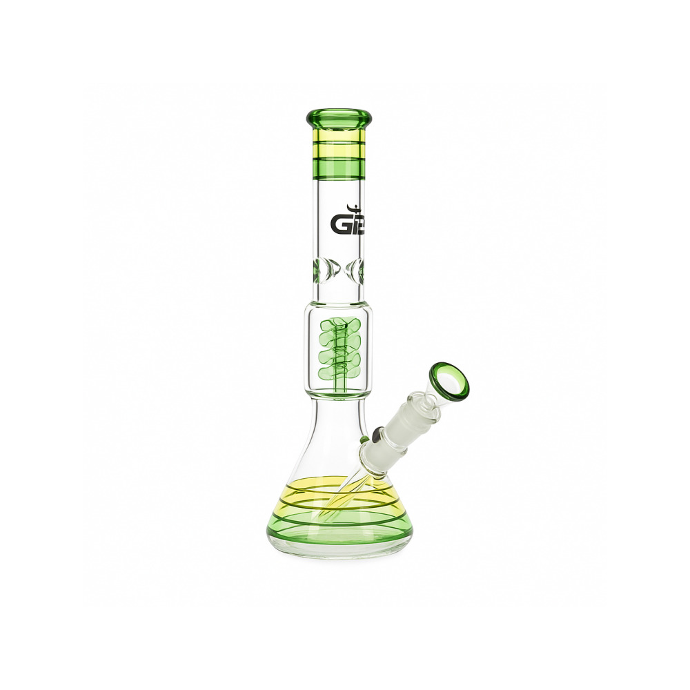 Close-up of the coiled spiral percolator chamber on the Grace Glass Rasta beaker bong