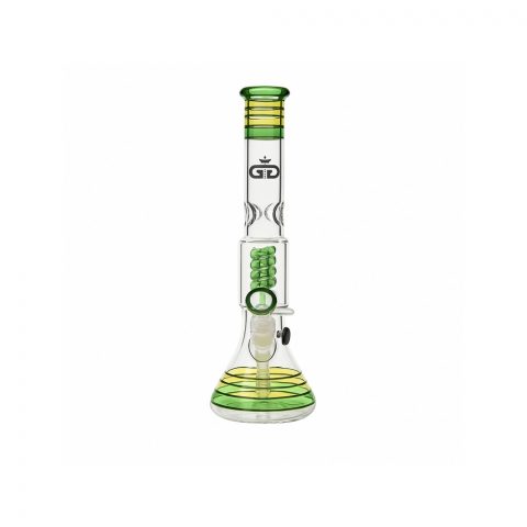 Grace Glass Rasta Beaker Bong with Coiled Spiral Perc full view showing red gold and green colour bands