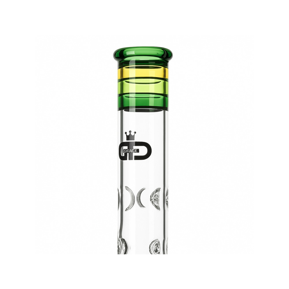 Wide stable beaker base of the Grace Glass Rasta spiral perc bong