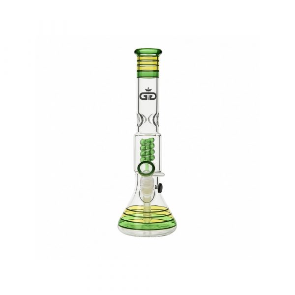 Grace Glass Rasta Beaker Bong with Coiled Spiral Perc full view showing red gold and green colour bands