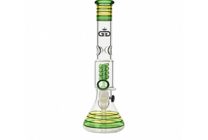 Grace Glass Rasta Beaker Bong with Coiled Spiral Perc full view showing red gold and green colour bands