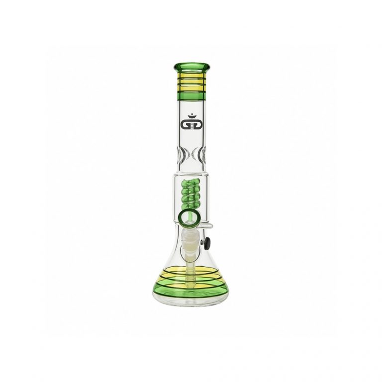 Grace Glass Rasta Beaker Bong with Coiled Spiral Perc full view showing red gold and green colour bands