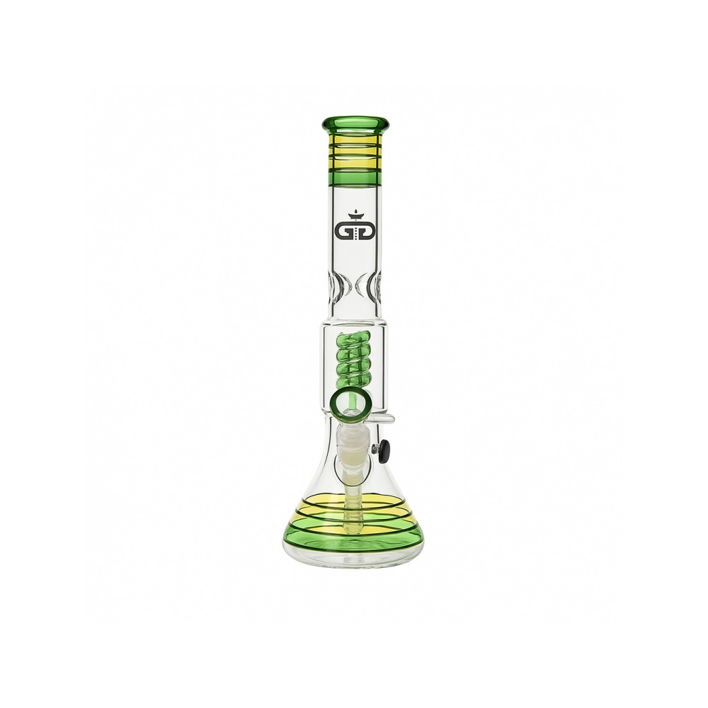 Grace Glass Rasta Beaker Bong with Coiled Spiral Perc full view showing red gold and green colour bands