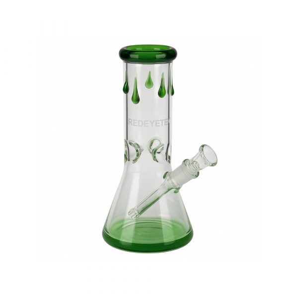 Close-up of green paint drip glass bead design on the Red Eye Tek beaker bong bowl