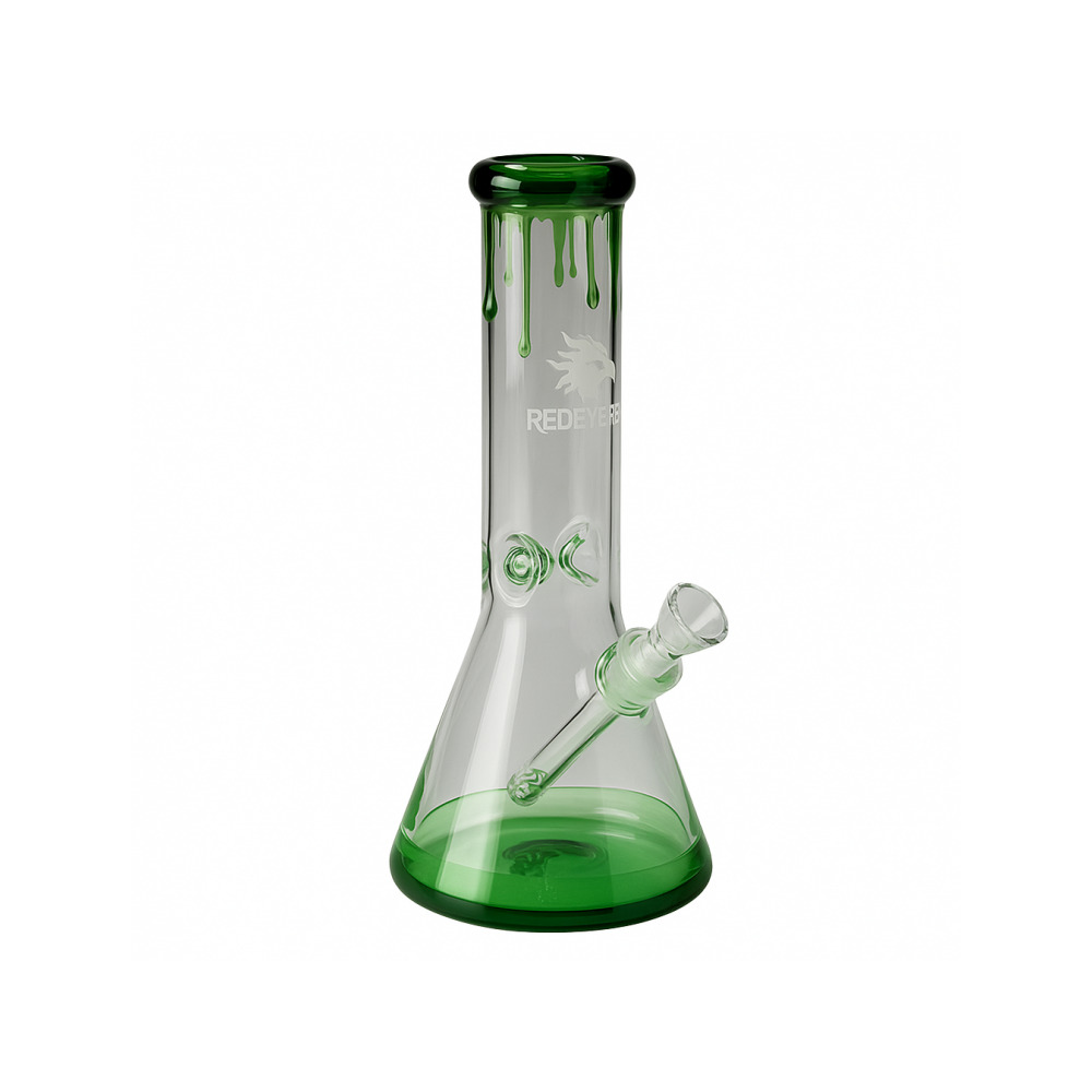 Red Eye Tek 32.5cm beaker bong showing broad stable base and ice notches on the cylinder