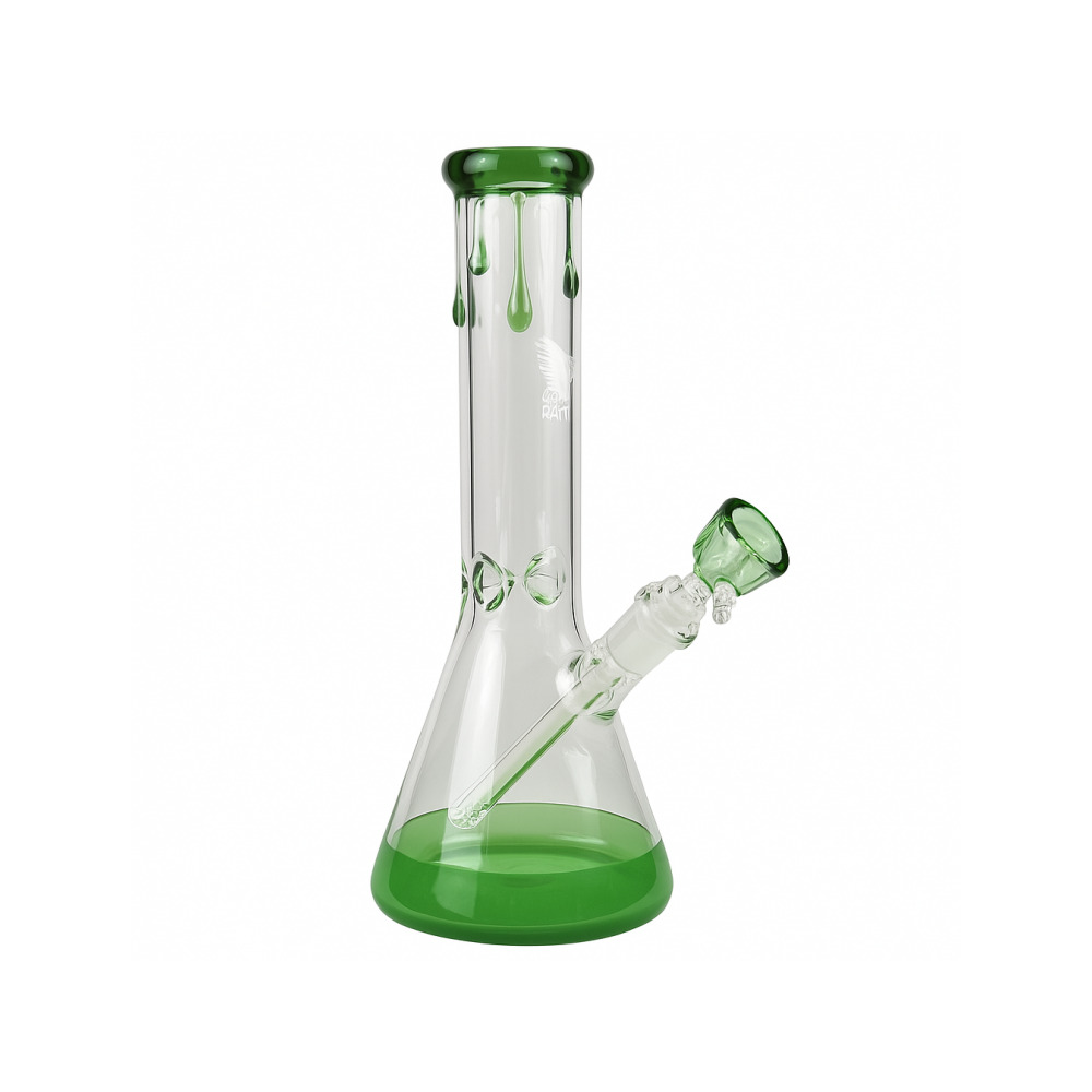 Red Eye Tek logo detail on the Green Paint Drip Beaker Bong with 18.8mm female joint visible