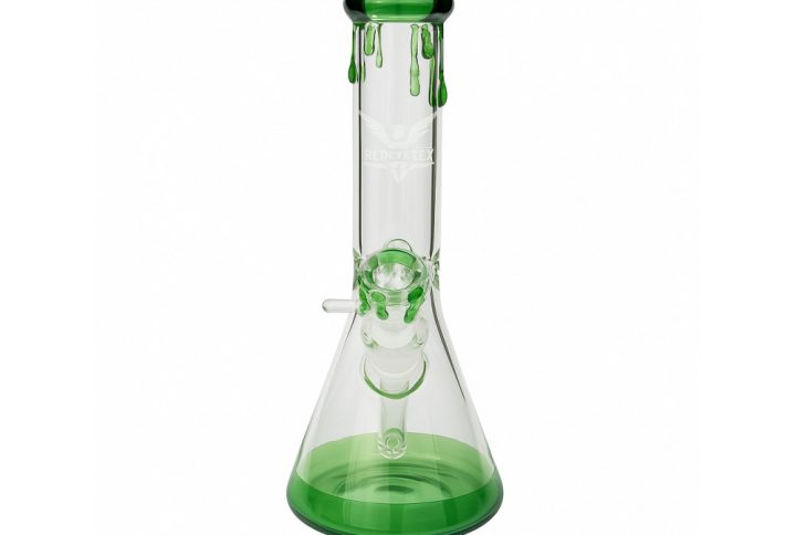 Red Eye Tek Green Paint Drip Beaker Bong full view showing green glass bead detailing on bowl and mouthpiece