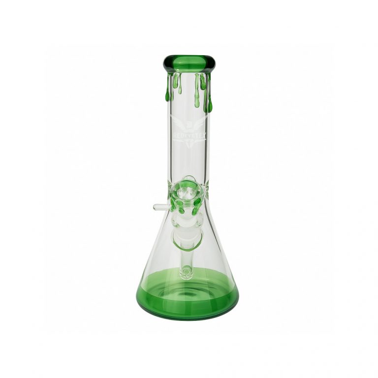 Red Eye Tek Green Paint Drip Beaker Bong full view showing green glass bead detailing on bowl and mouthpiece