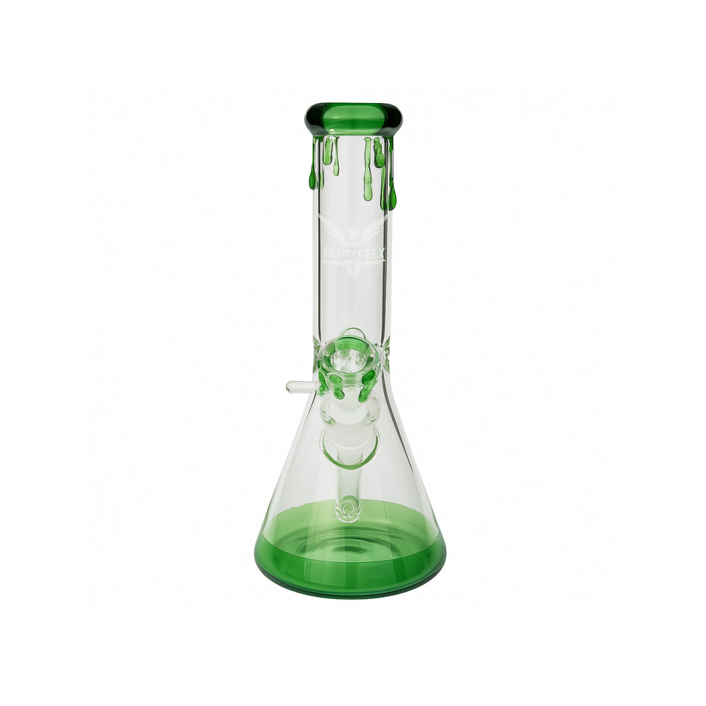 Red Eye Tek Green Paint Drip Beaker Bong full view showing green glass bead detailing on bowl and mouthpiece