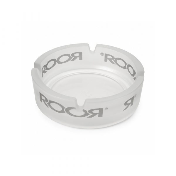 ROOR glass ashtray with frosted sandblasted body and clear logo relief, made from premium borosilicate glass