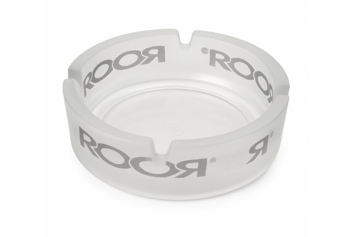 ROOR glass ashtray with frosted sandblasted body and clear logo relief, made from premium borosilicate glass