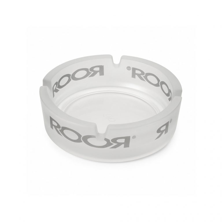 ROOR glass ashtray with frosted sandblasted body and clear logo relief, made from premium borosilicate glass