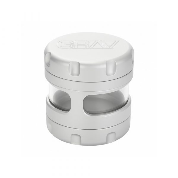 Grav Labs silver grinder opened showing CNC aluminium grinding teeth and chamber
