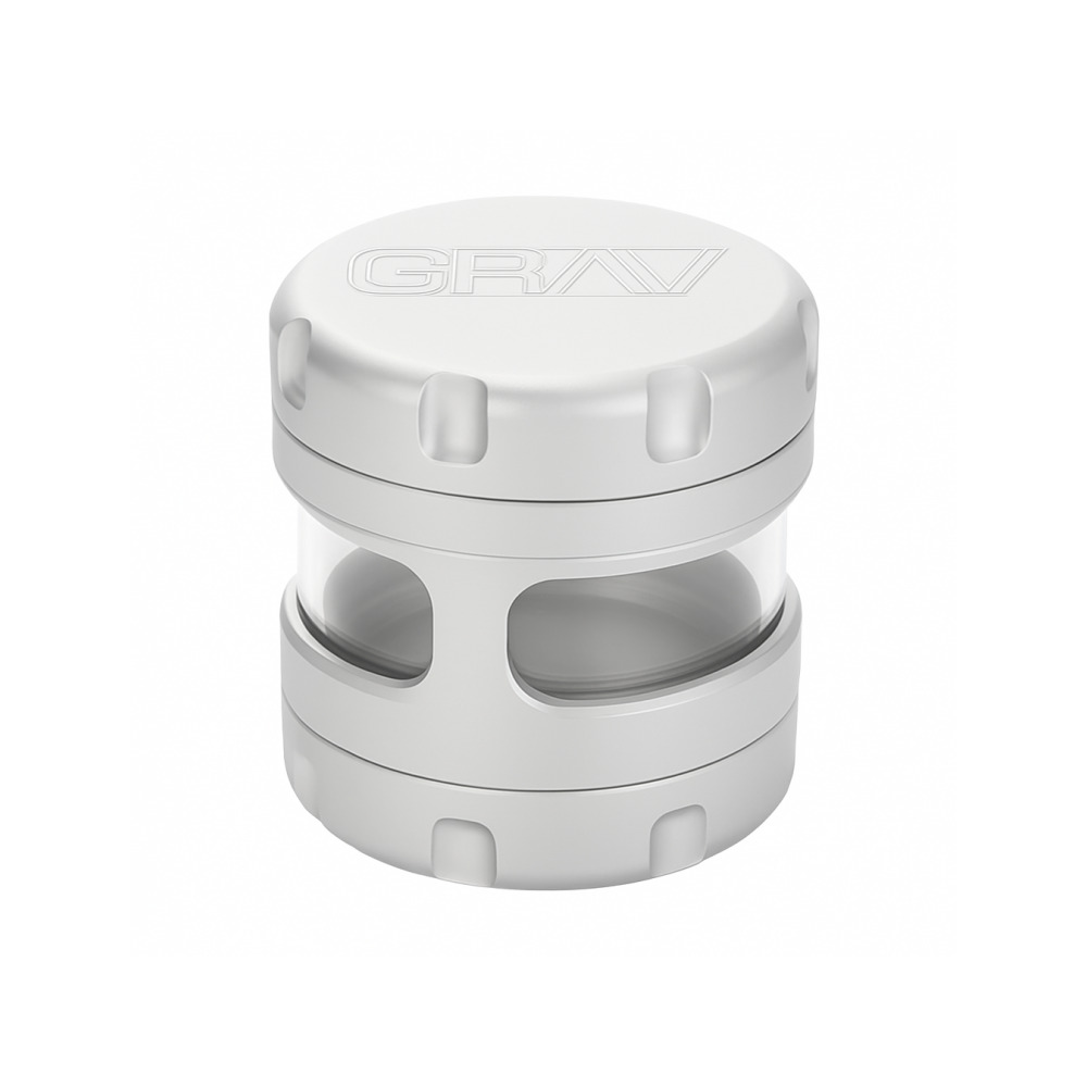 Grav Labs silver grinder opened showing CNC aluminium grinding teeth and chamber