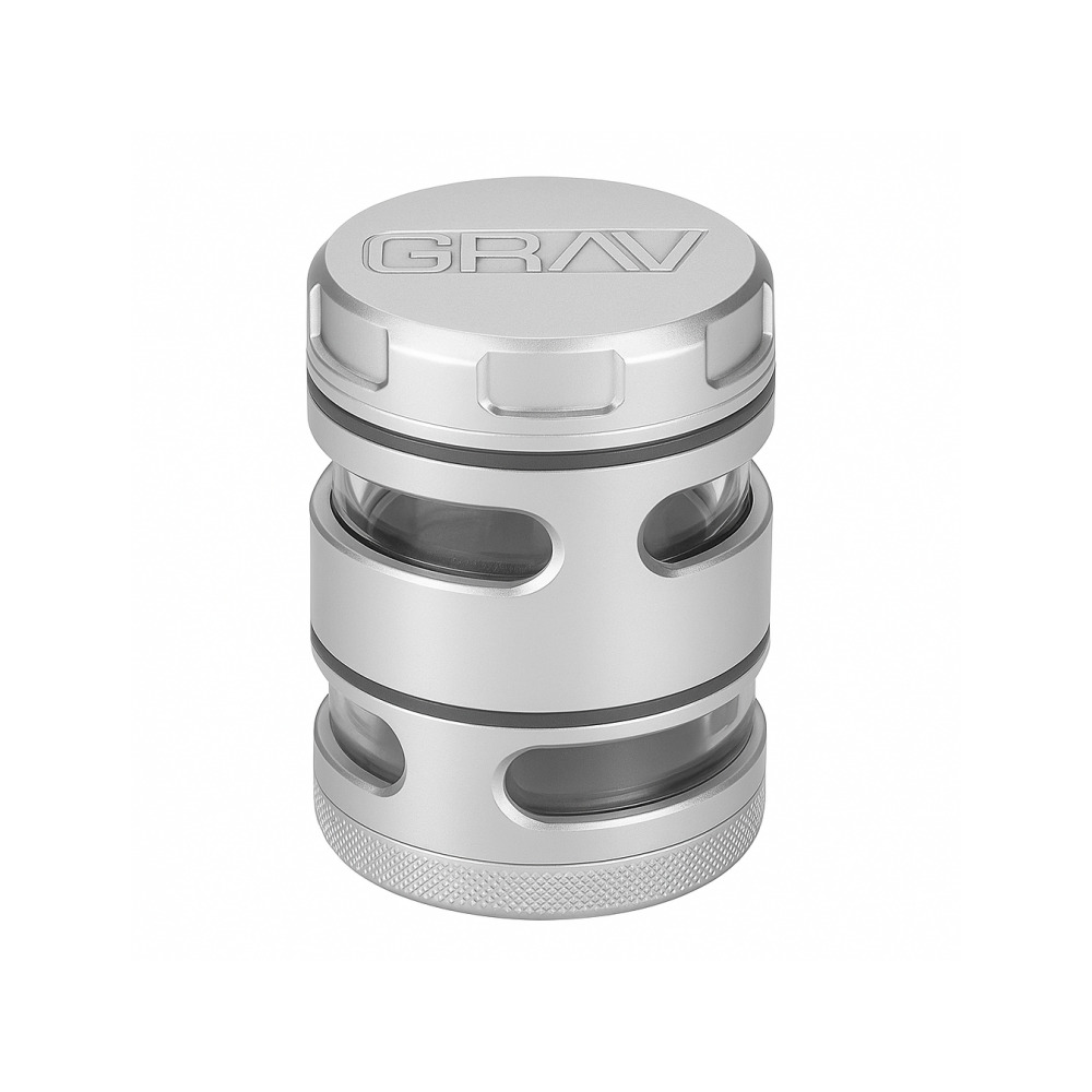 Top view of the Grav Labs silver grinder lid with strong magnetic closure