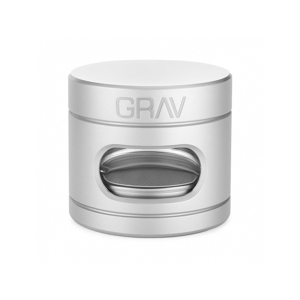 Grav Labs silver grinder disassembled showing all four pieces and removable magnetised screen