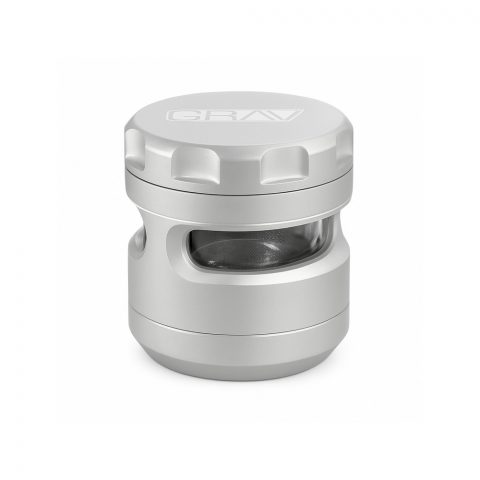 Silver Grav Labs 4 piece herb grinder with polycarbonate windows on white background