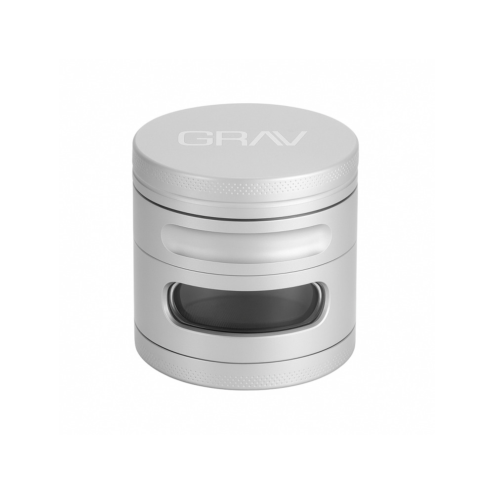 Metal pollen scoop and Grav Labs branded carry pouch included with the silver grinder
