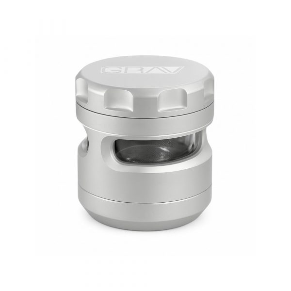 Silver Grav Labs 4 piece herb grinder with polycarbonate windows on white background