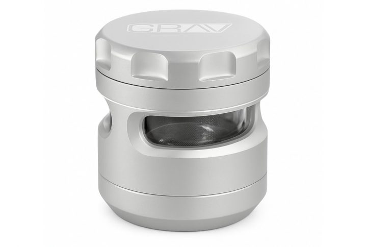 Silver Grav Labs 4 piece herb grinder with polycarbonate windows on white background