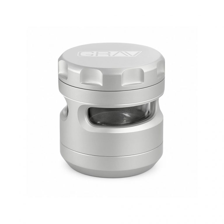 Silver Grav Labs 4 piece herb grinder with polycarbonate windows on white background